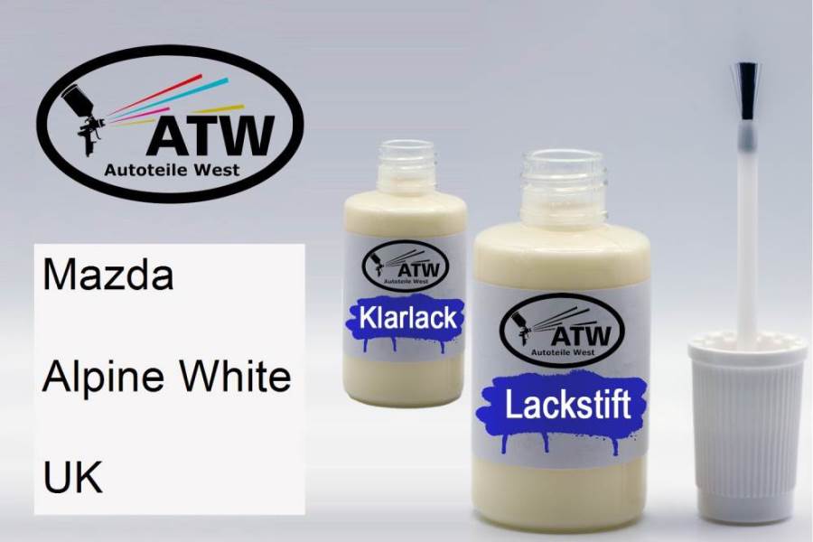 Mazda, Alpine White, UK: 20ml Lackstift + 20ml Klarlack - Set, von ATW Autoteile West.